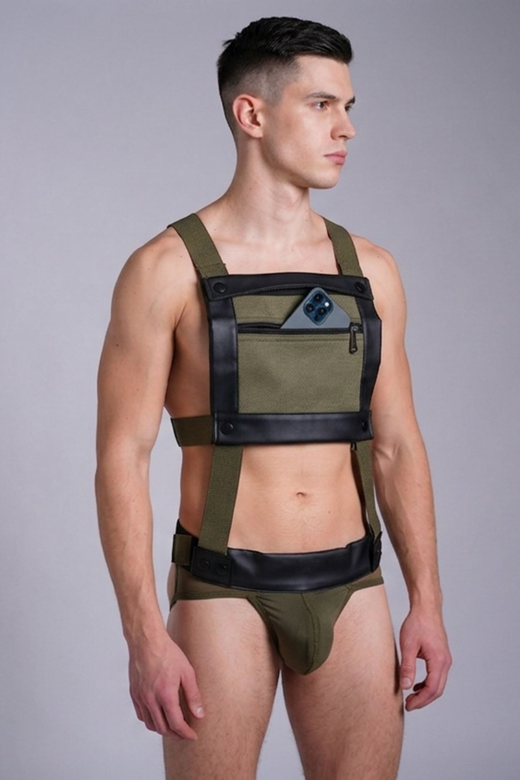 Joyglove Olive Utility Chest Harness with Front Zip Phone Pocket + Matching Jockstrap