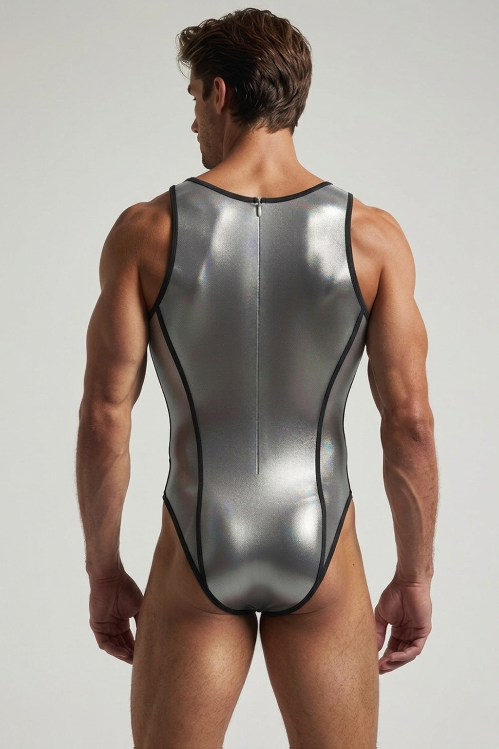 Joyglove Metallic Silver Bodysuit Leotard with Black Contrast Trim