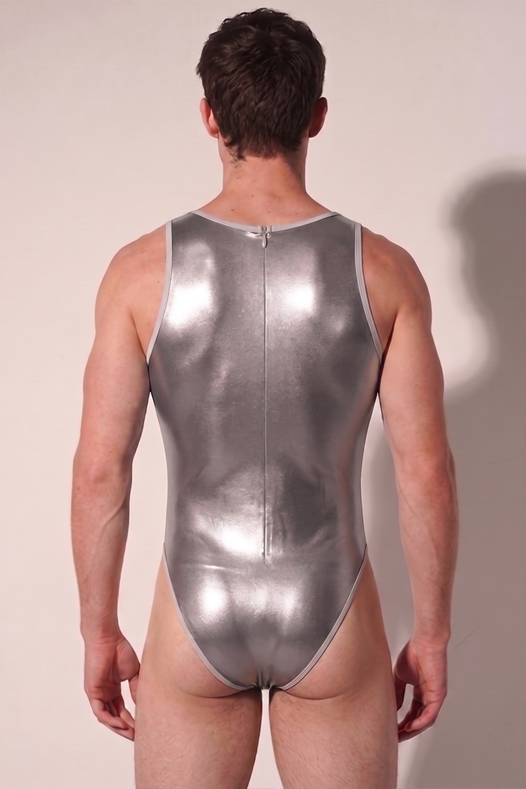 Joyglove Holographic Silver Shiny Men’s Bodysuit, Rainbow Sheen Tank Cut