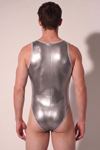 Joyglove Holographic Silver Shiny Men’s Bodysuit, Rainbow Sheen Tank Cut