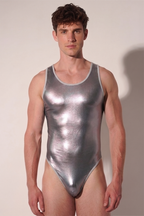 Joyglove Holographic Silver Shiny Men’s Bodysuit, Rainbow Sheen Tank Cut