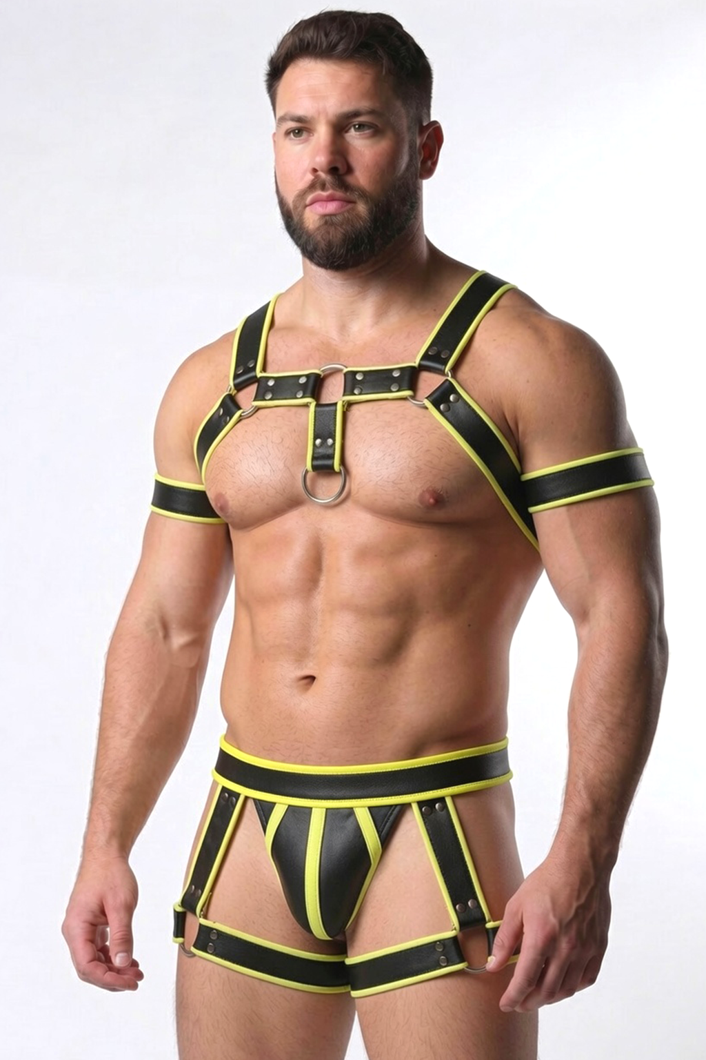 Joyglove PU Leather Harness Set with Neon Trim & O-Ring Chest Detail