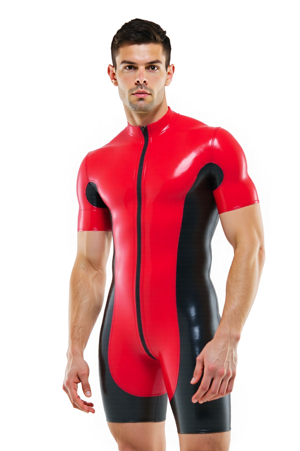 Joyglove Red & Black PU Leather Bodysuit – Short Sleeve Zip-Up Design