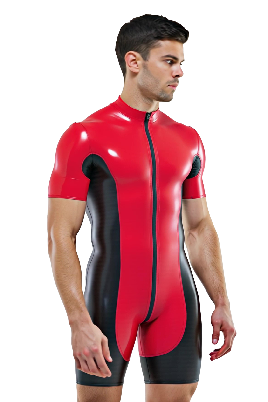 Joyglove Red & Black PU Leather Bodysuit – Short Sleeve Zip-Up Design