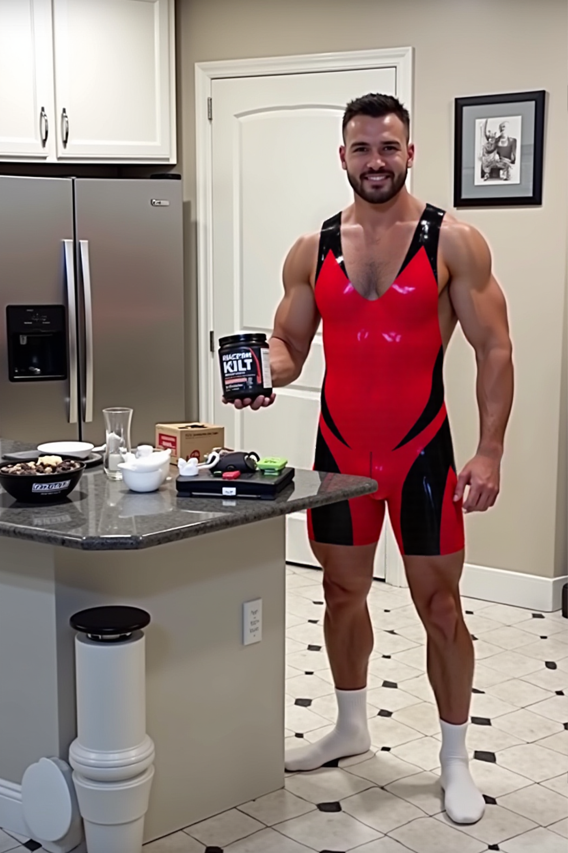 : Joylgbt Men's Red & Black High-Gloss Leather Sleeveless Bodysuit	