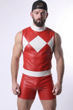Joyglove Men’s Red PU Leather Sleeveless Romper with White Diamond Pattern
