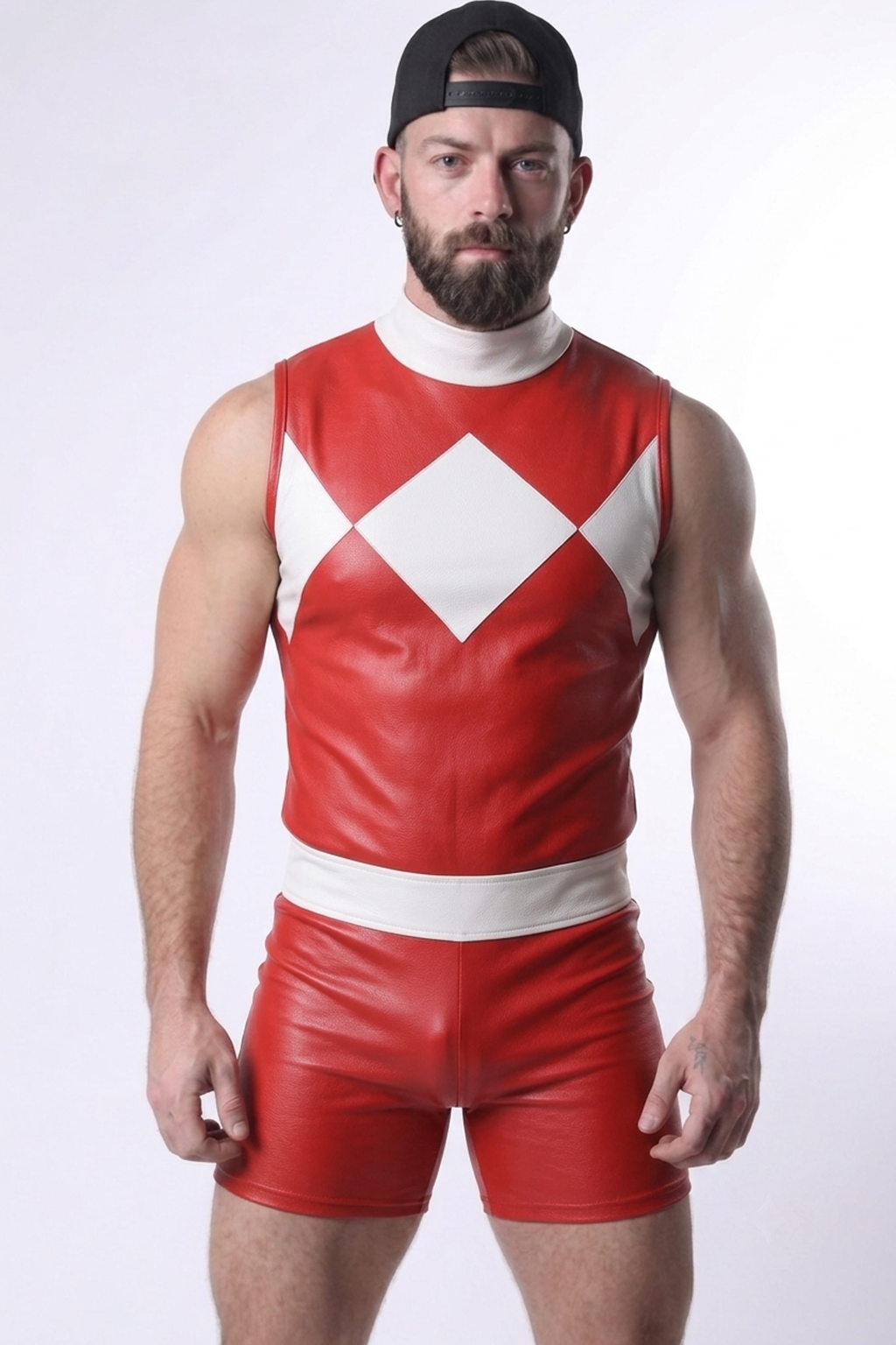 Joyglove Men’s Red PU Leather Sleeveless Romper with White Diamond Pattern