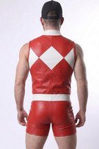 Joyglove Men’s Red PU Leather Sleeveless Romper with White Diamond Pattern