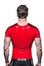 Joyglove Men's Shiny PU Leather Short Sleeve Top – Red with Black Panels and Zipper