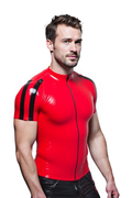 Joyglove Men's Shiny PU Leather Short Sleeve Top – Red with Black Panels and Zipper