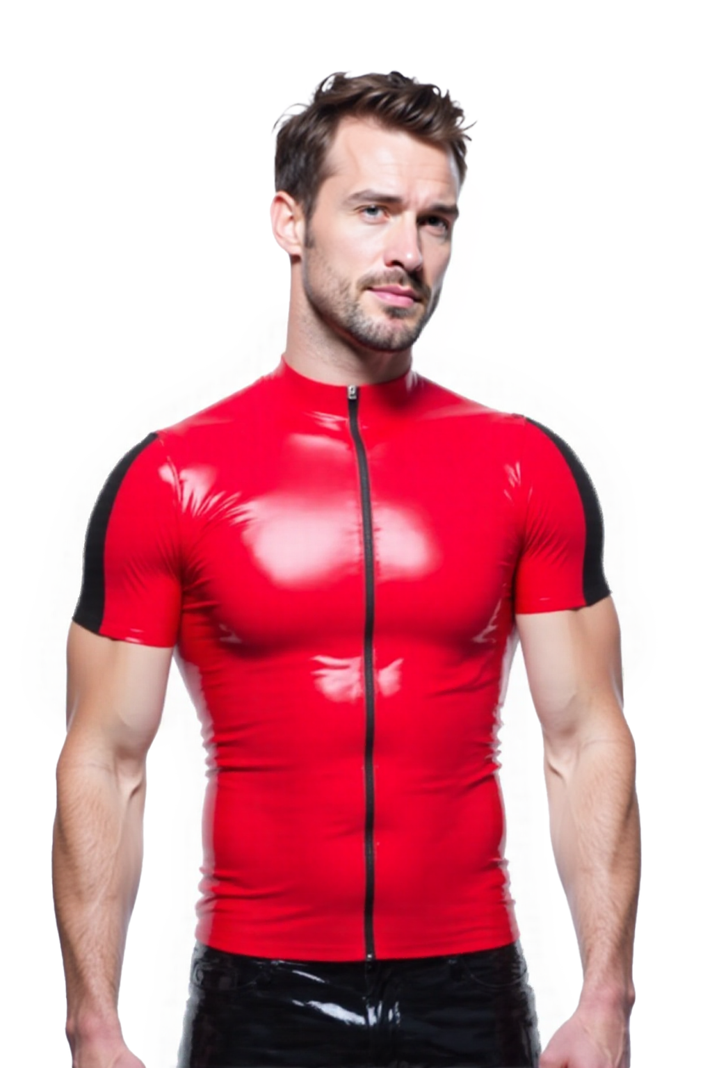 Joyglove Men's Shiny PU Leather Short Sleeve Top – Red with Black Panels and Zipper