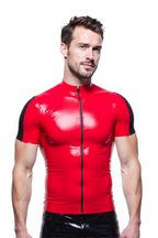 Joyglove Men's Shiny PU Leather Short Sleeve Top – Red with Black Panels and Zipper