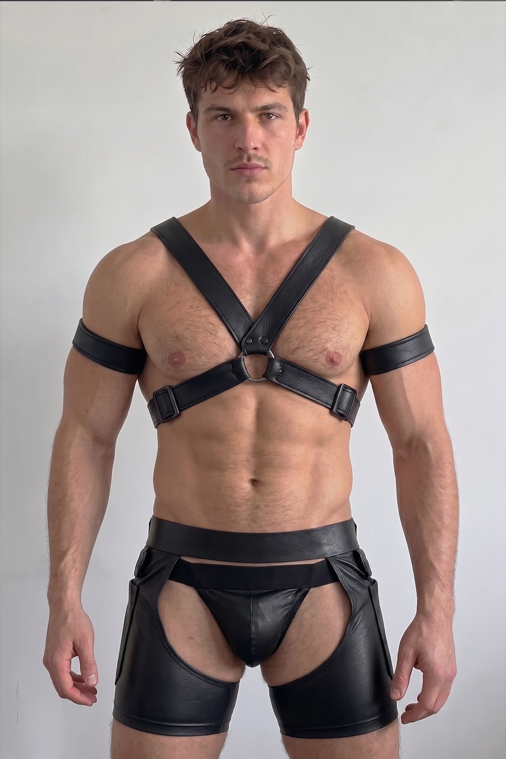Joyglove PU Leather Harness + Open-Back Jock Shorts Set – X-Back Ring Detail