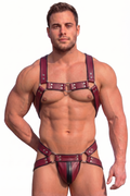 Joyglove Deep wine red PU Leather Harness Set — O-Ring Chest Harness + Open-Back Jockstrap