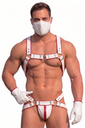 Joyglove Red & White PU Leather Harness Set — O-Ring Chest Harness + Open-Back Jockstrap