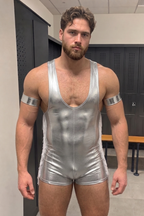 Joyglove Men’s Metallic PU Leather-Look One-Piece — Sleeveless Wrestling Singlet Style