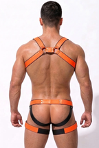 Joyglove Orange & Black PU Leather Harness Set — Chest Harness + Strappy Pouch Jock with Thigh Bands