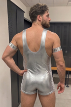 Joyglove Men’s Metallic PU Leather-Look One-Piece — Sleeveless Wrestling Singlet Style