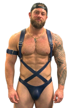 Joyglove Men’s Navy PU Leather Harness Jockstrap Set with X-Back Straps