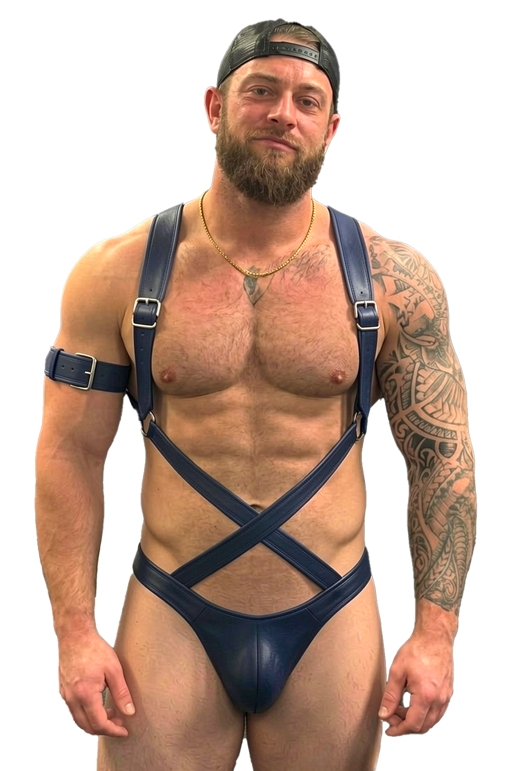 Joyglove Men’s Navy PU Leather Harness Jockstrap Set with X-Back Straps