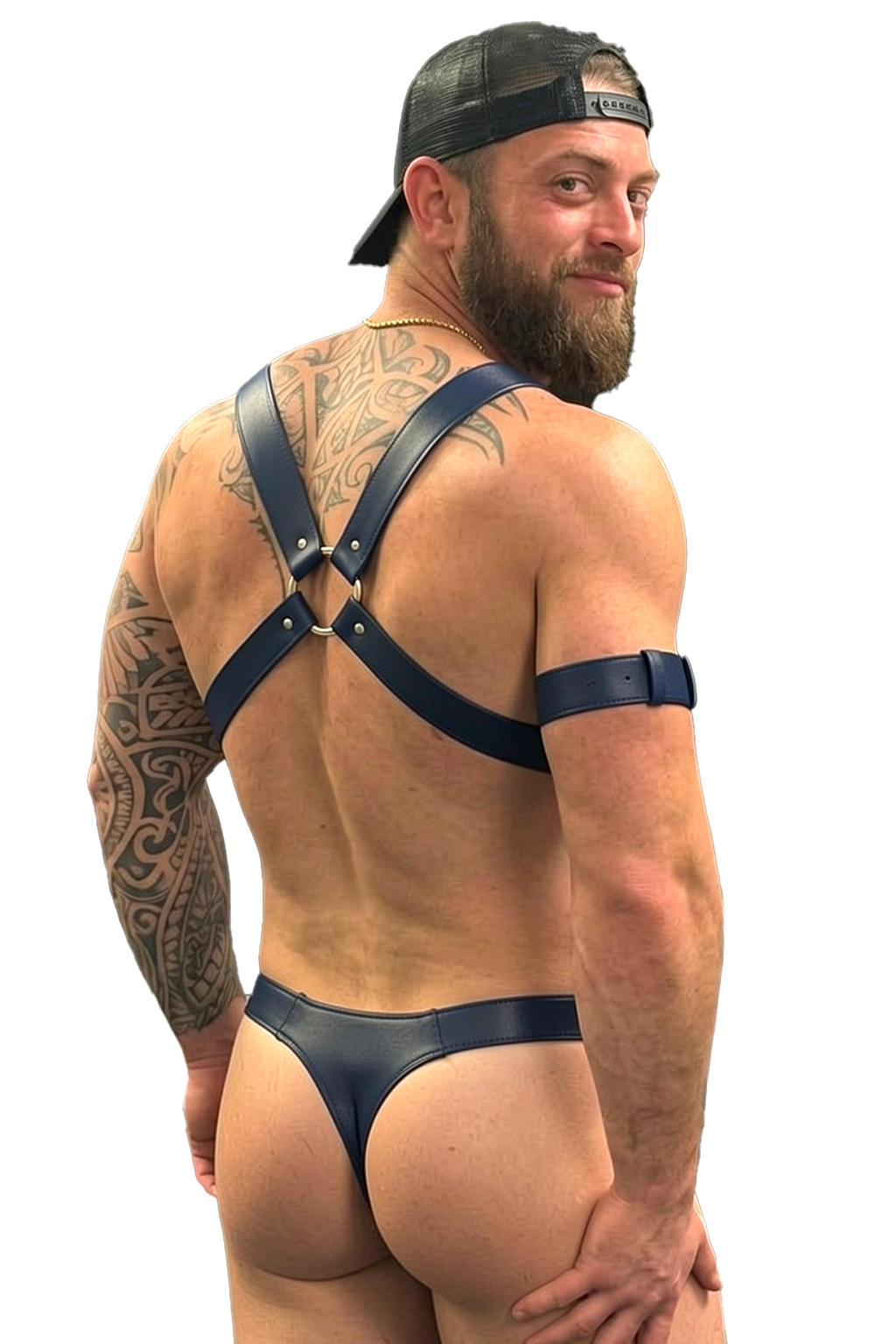 Joyglove Men’s Navy PU Leather Harness Jockstrap Set with X-Back Straps