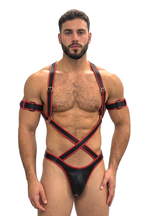 Joyglove Men’s Black & Red PU Leather Harness Jockstrap Set with X-Strap Front