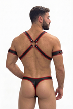 Joyglove Men’s Black & Red PU Leather Harness Jockstrap Set with X-Strap Front