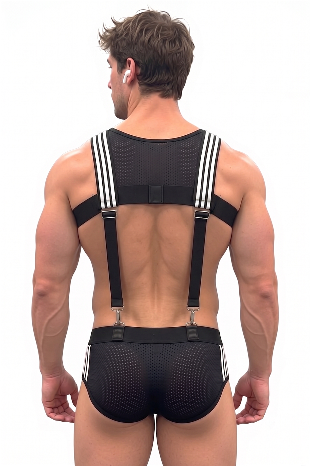 Joyglove Men’s Mesh Harness Brief Set — Suspender Straps, D-Ring Chest & Stripe Detail