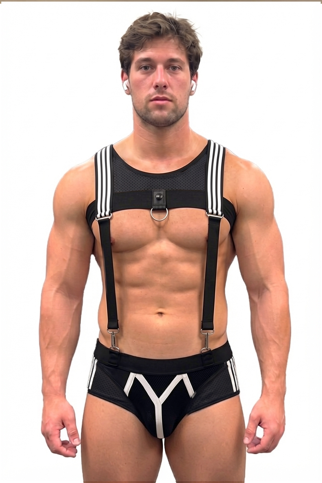 Joyglove Men’s Mesh Harness Brief Set — Suspender Straps, D-Ring Chest & Stripe Detail
