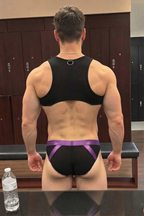 Joyglove Men’s Mesh Harness Jockstrap Set — Purple Trim, Suspender Straps & D-Ring Front