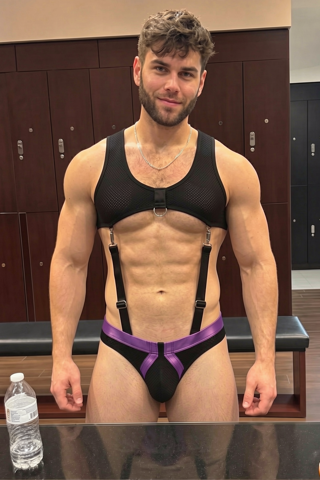 Joyglove Men’s Mesh Harness Jockstrap Set — Purple Trim, Suspender Straps & D-Ring Front