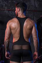 Joyglove Men’s Blue Mesh Singlet Bodysuit with Front Zipper & Sheer Panels