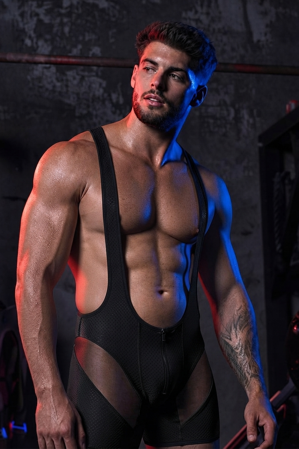 Joyglove Men’s Blue Mesh Singlet Bodysuit with Front Zipper & Sheer Panels