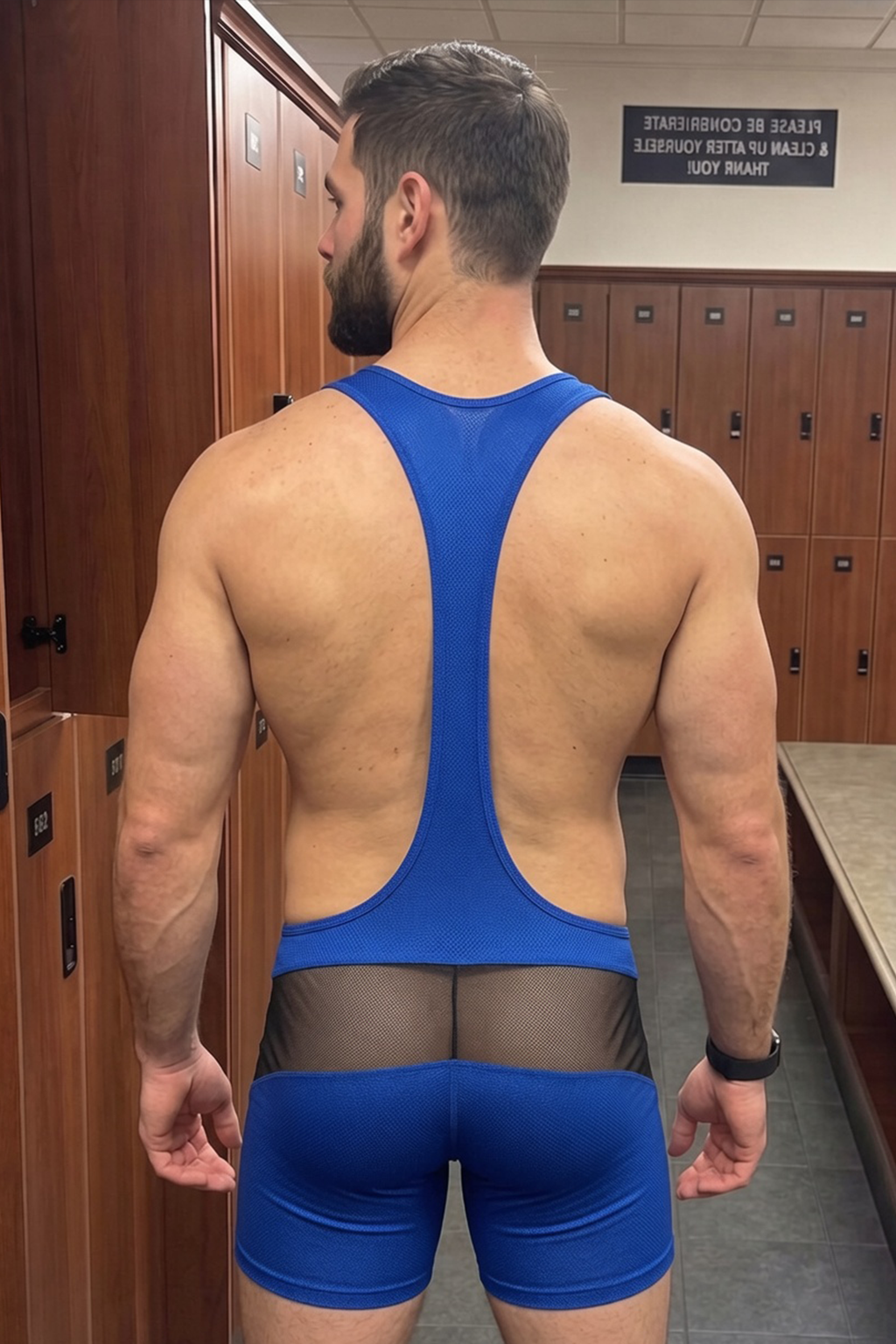 Joyglove Men’s Blue Mesh Singlet Bodysuit with Front Zipper & Sheer Panels
