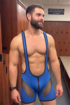 Joyglove Men’s Blue Mesh Singlet Bodysuit with Front Zipper & Sheer Panels