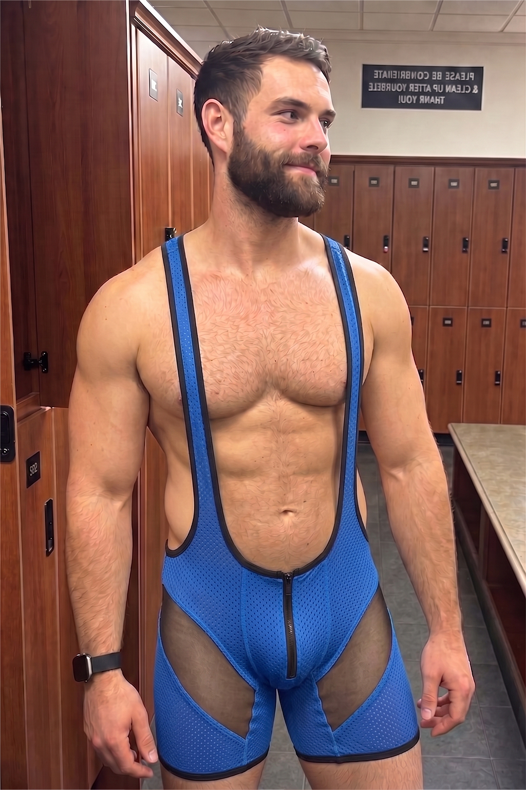 Joyglove Men’s Blue Mesh Singlet Bodysuit with Front Zipper & Sheer Panels