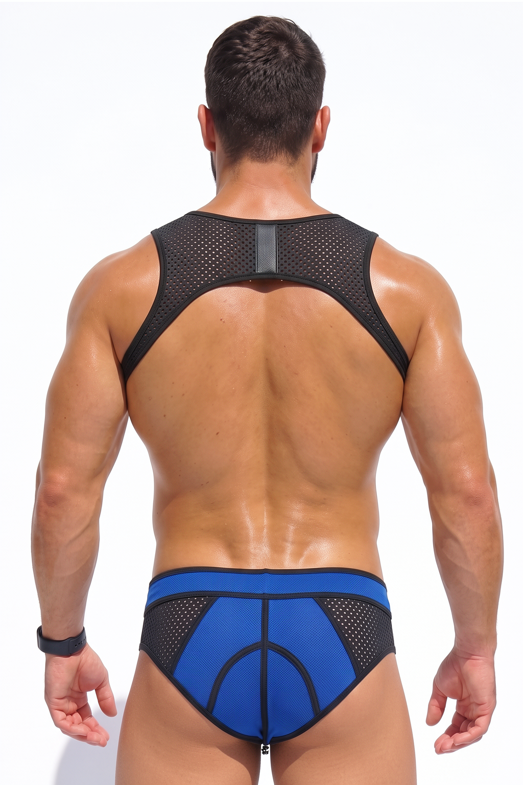 Joyglove Men’s Mesh Harness Brief Set — Blue Panel Pouch, Clip Suspenders & O-Ring Chest