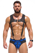 Joyglove Men’s Mesh Harness Brief Set — Blue Panel Pouch, Clip Suspenders & O-Ring Chest