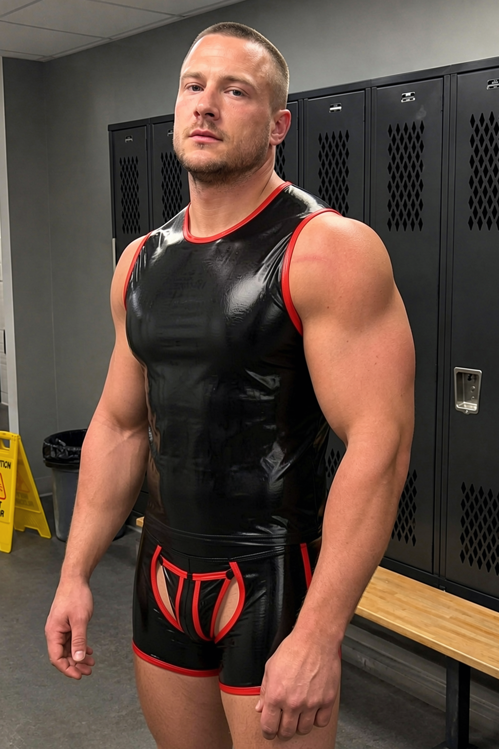 Joyglove PU Leather Singlet – Glossy Black with Red Trim, Zip-Back