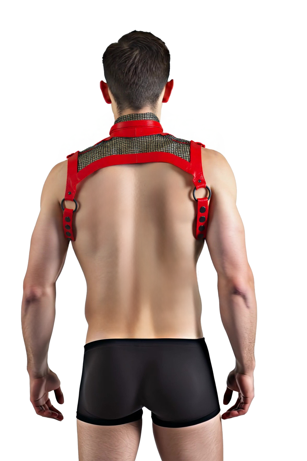 Mesh and Faux Leather Harness with Bold Red and Black Accents