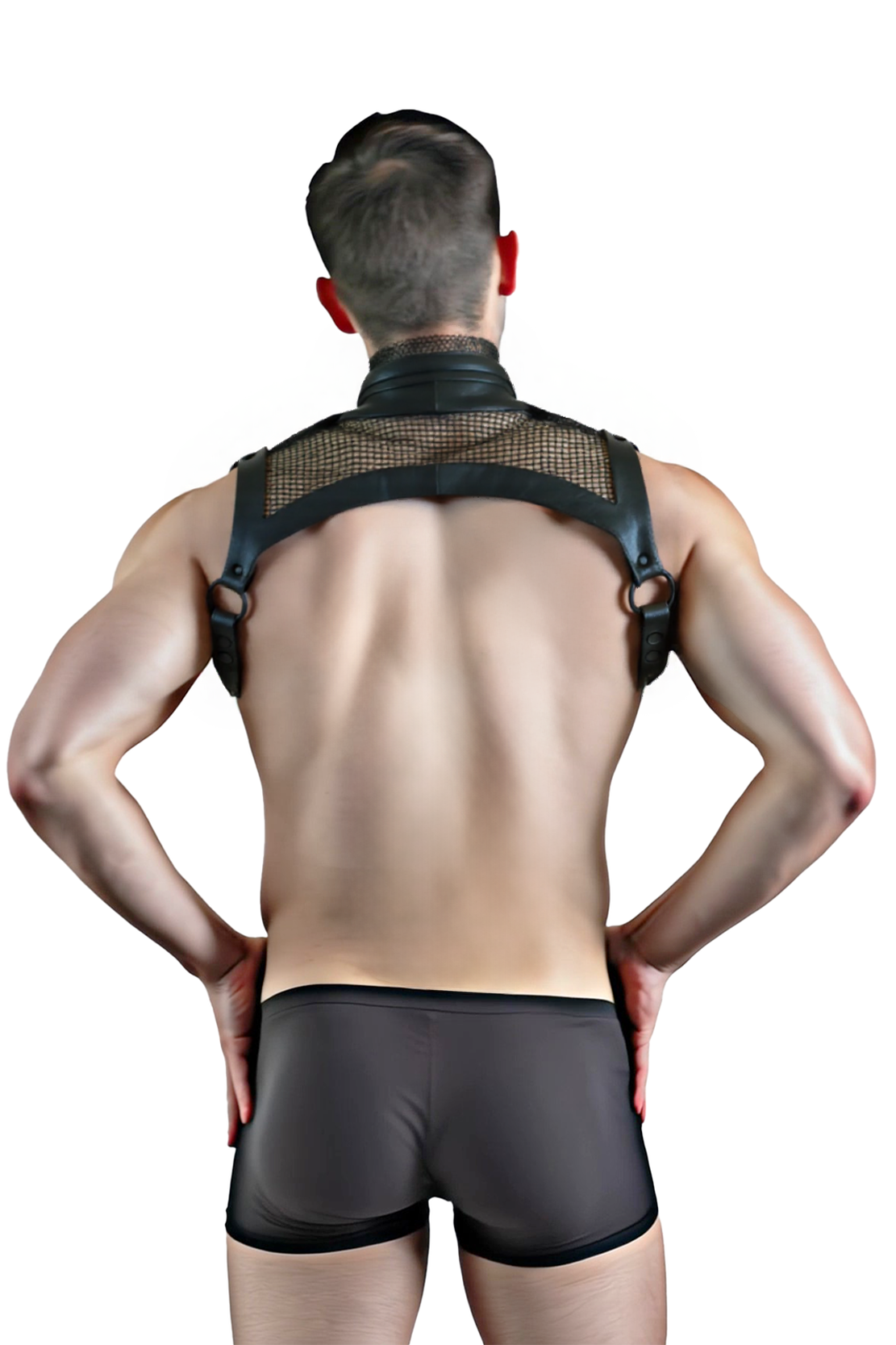 Mesh and Faux Leather Harness with Bold Red and Black Accents