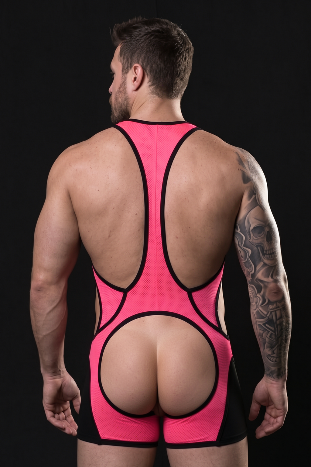Joyglove Men’s Pink Mesh Singlet Bodysuit with Front Zipper
