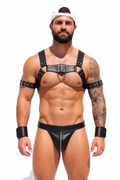 Joyglove All-Black PU Leather Harness with D-Ring Chest + Jockstrap Set