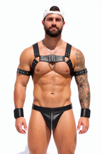 Joyglove All-Black PU Leather Harness with D-Ring Chest + Jockstrap Set