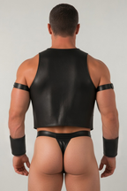 Joyglove PU Leather Open-Chest Vest Harness + Thong Set (All Black)