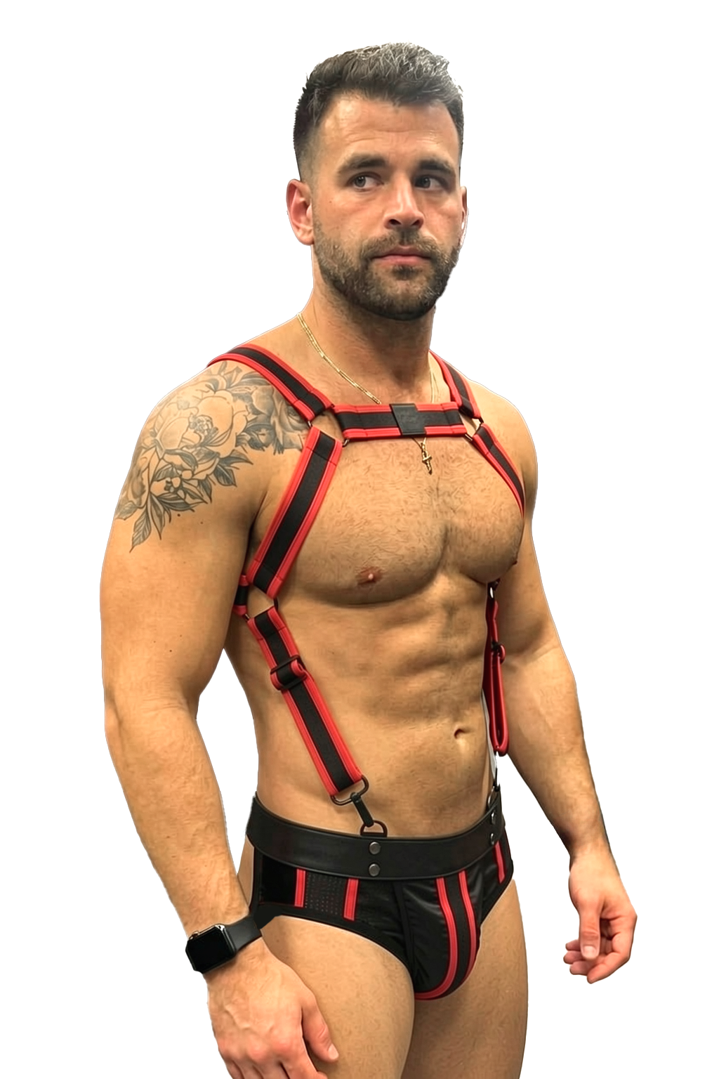 Joyglove Red-Trim Strappy Harness + Matching Jockstrap Set (Black/Red)