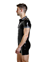Joyglove Men's High-Shine PU Leather Polo Bodysuit – Black with White Striped Details