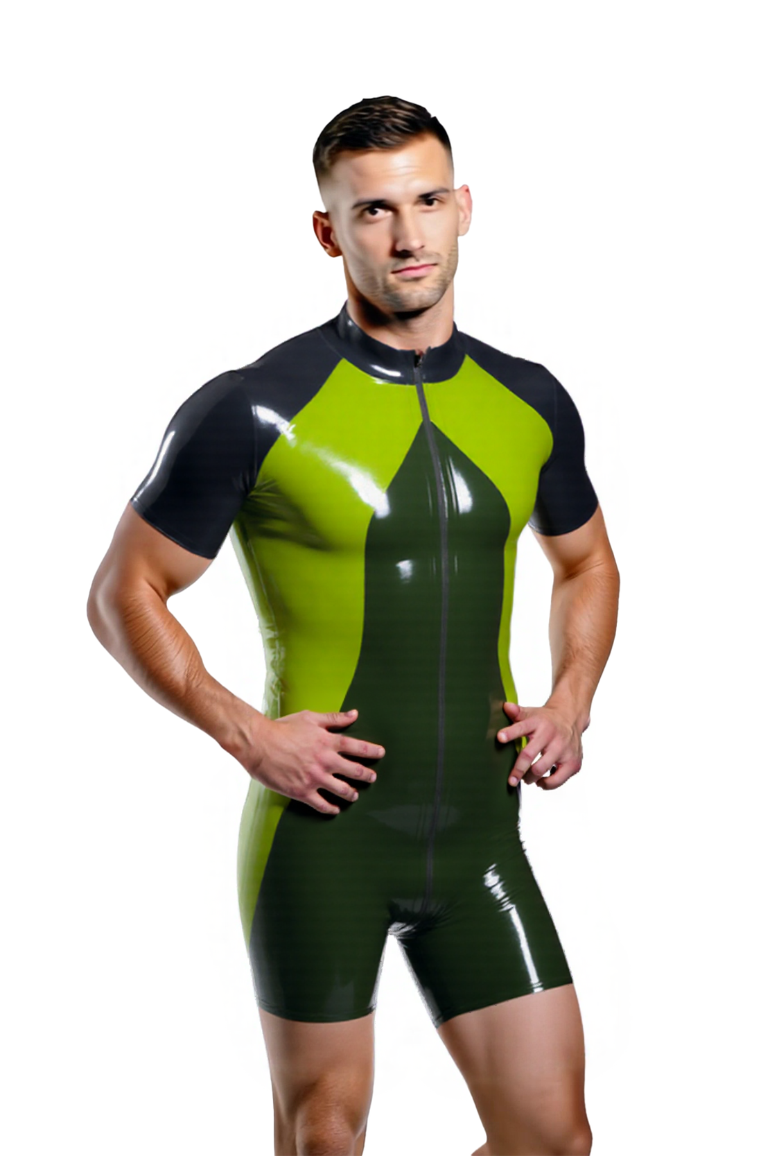Joyglove Men's High-Shine PU Leather Bodysuit – Vibrant Green and Black with Bold Zipper