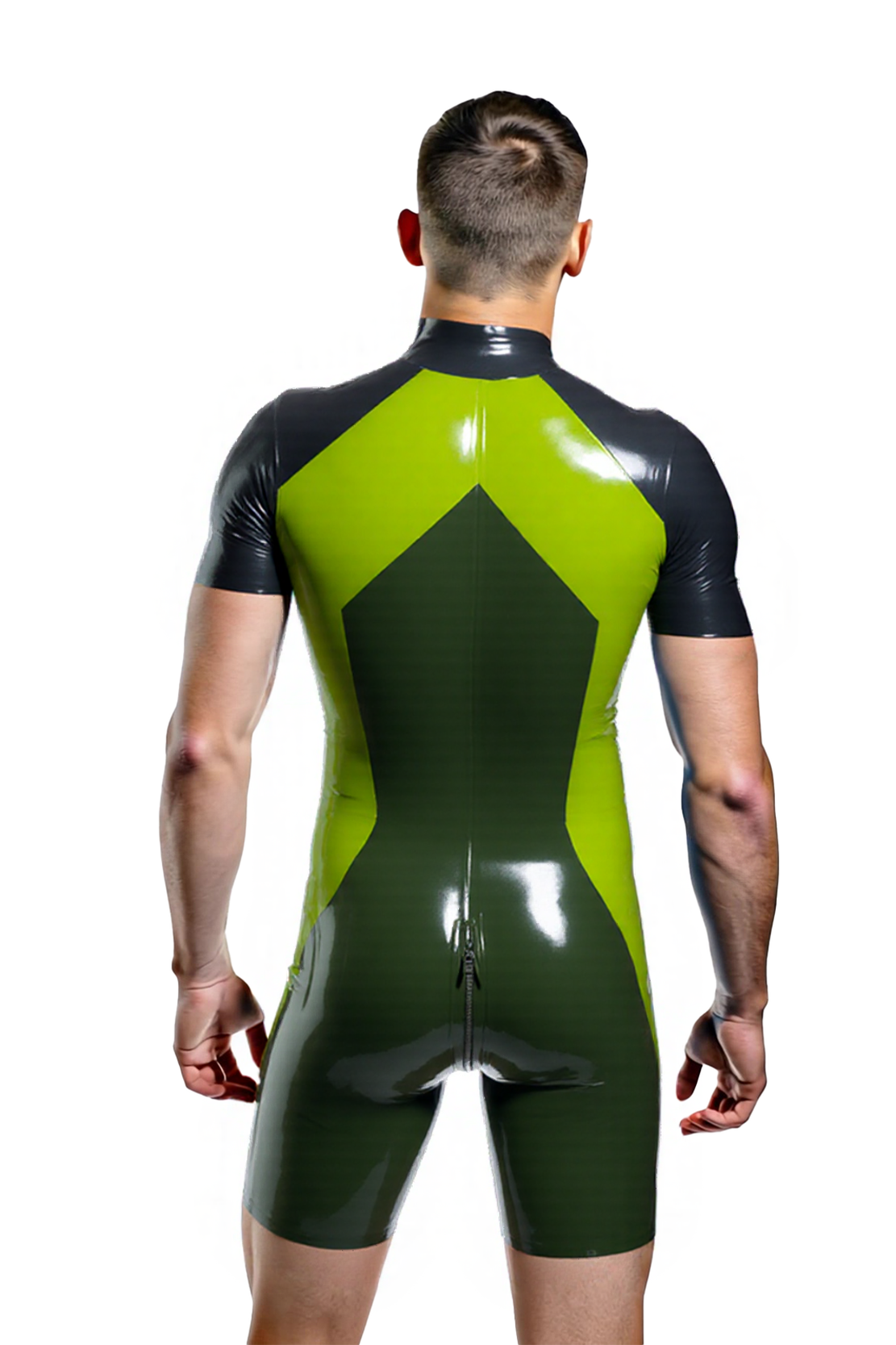 Joyglove Men's High-Shine PU Leather Bodysuit – Vibrant Green and Black with Bold Zipper