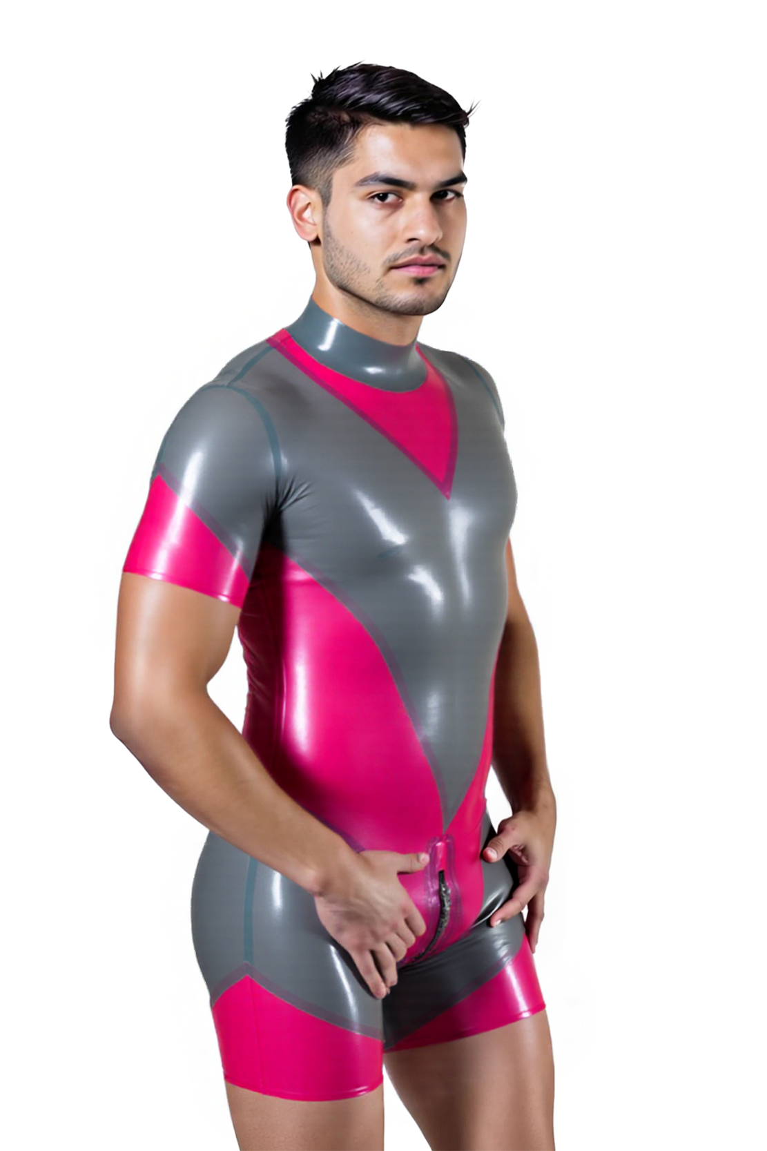 Joyglove Men's Glossy PU Leather Bodysuit – Bold Red and Black Color Block Design with Zip Front